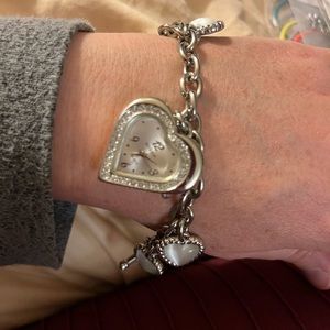 Gossip Heart Charm Chain Silver Bracelet White Stone Watch Toggle 8" Bracelet